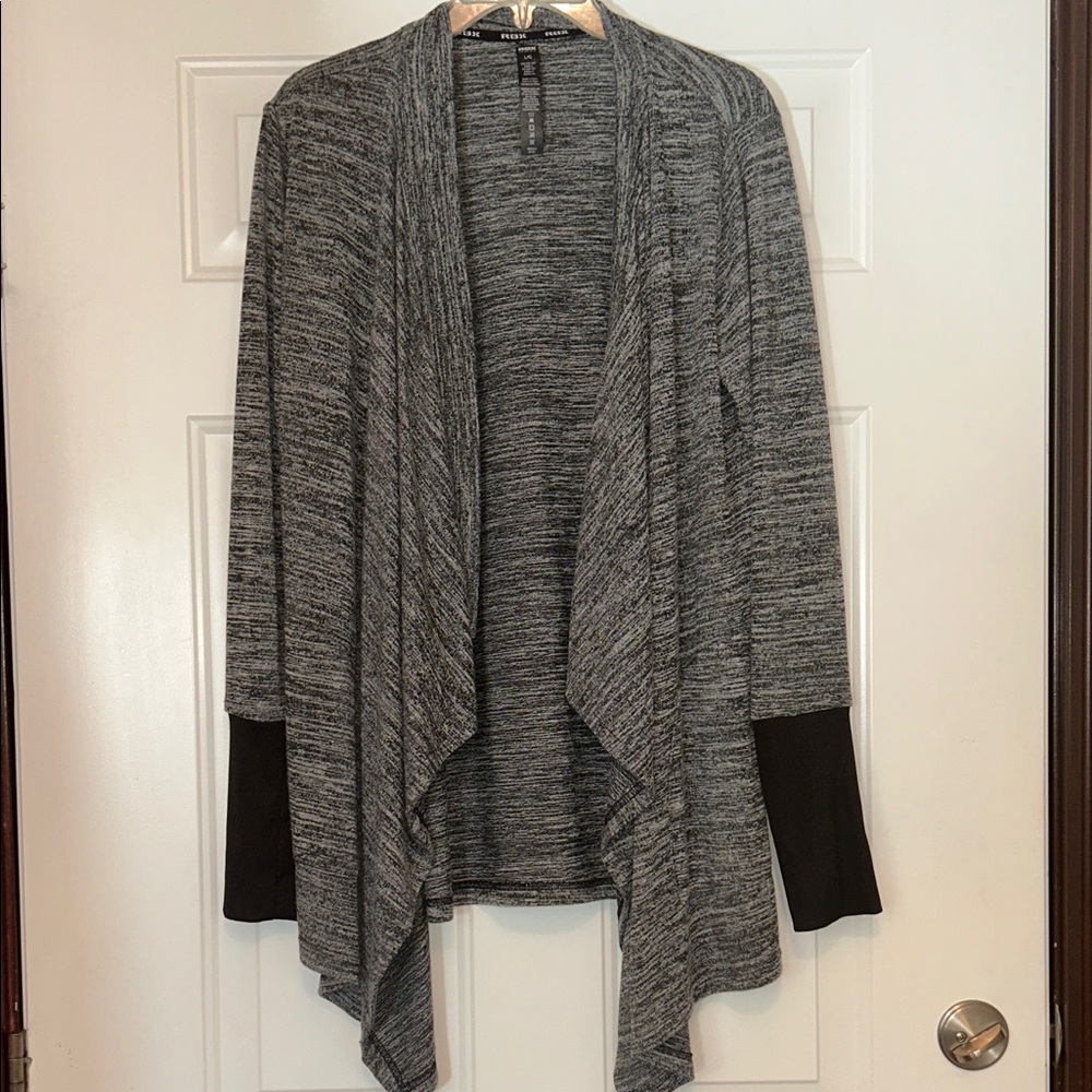 RBX Women's Activewear Open Front Cardigan L Sweater Pockets Gray Black Sporty